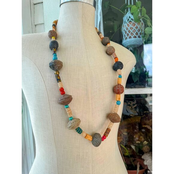 Vintage African Trade Bead Necklace HUGE Clay Beads millefiori Glass Sterling Cl - Picture 3 of 16